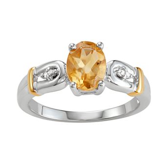 Jewelexcess Two-Tone Sterling Silver 1.10 C.T. Citrine & Diamond Horseshoe Ring