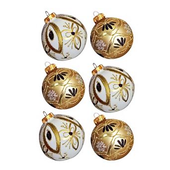 Kurt Adler Gold & White Glass Ball Ornaments 6 pc Box Set