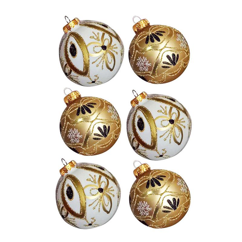 Kurt Adler Gold & White Glass Ball Ornaments 6-piece Box Set, Multicolor