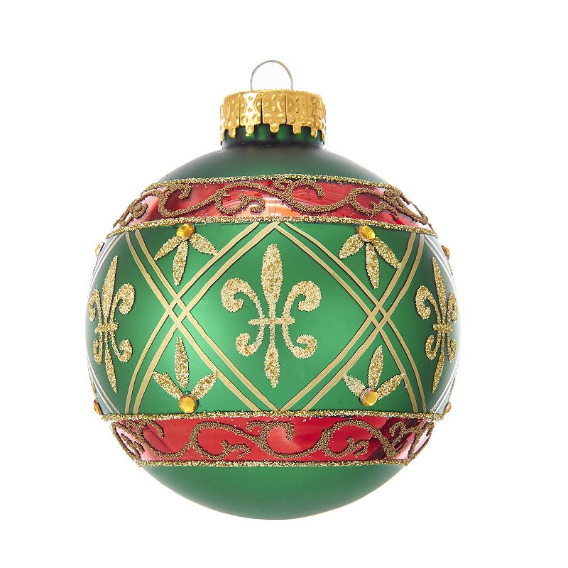 Kurt Adler Green Glass Ball Ornament Fleur-De-Lis Design - 6-pack, Multicol
