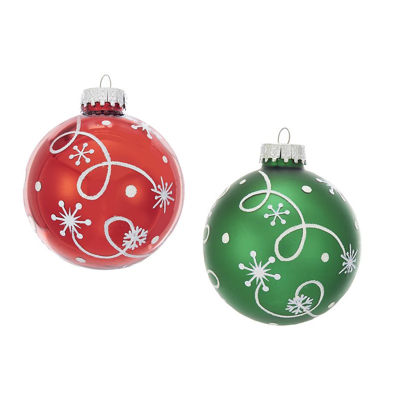Kurt Adler Red & Green & White Swirl Design Glass Ball Ornaments 6-piece se