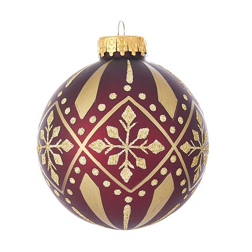 Kurt Adler Burgundy Gold Patterned Glass Ball Ornaments 6 Piece