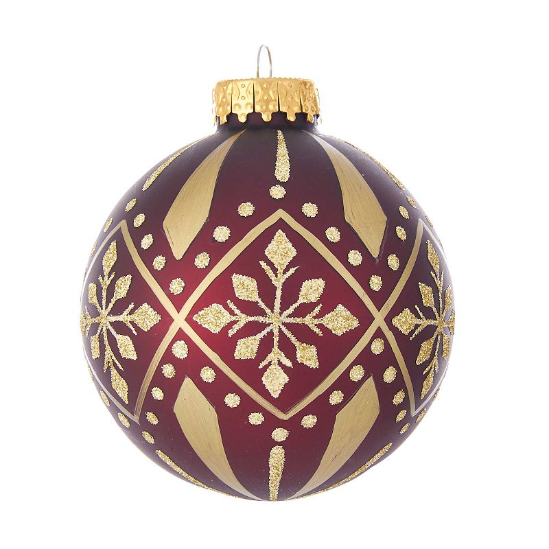 Kurt Adler Burgundy & Gold Patterned Glass Ball Ornaments 6-piece Box Set, 