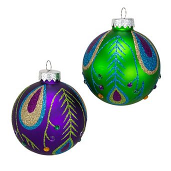 Kurt Adler Peacock Purple & Green Glass Ball Ornaments 6 pc Box Set