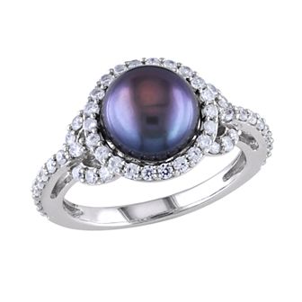 Stella Grace Sterling Silver Dyed Black Freshwater Cultured Pearl & Cubic Zirconia Ring