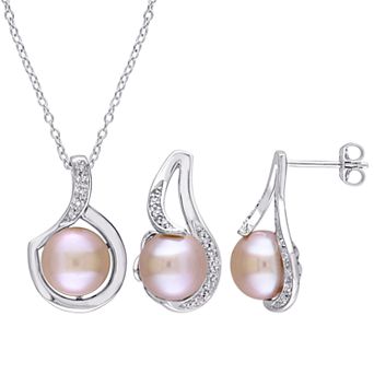 Stella Grace Sterling Silver 1/10 Carat T.W. Diamond & Dyed Freshwater Cultured Pearl Pendant & Earring Set