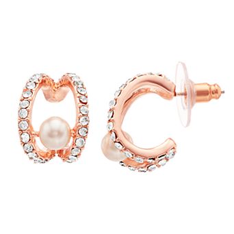 You're Invited Rose Gold Tone Crystal & Simulated Pearl Huggie Earrings