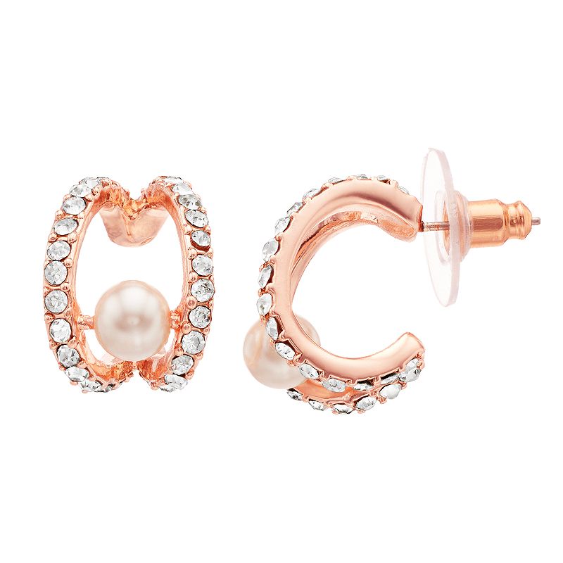 Youre Invited Rose Gold Tone Crystal & Simulated Pearl Huggie Earrings, Wo