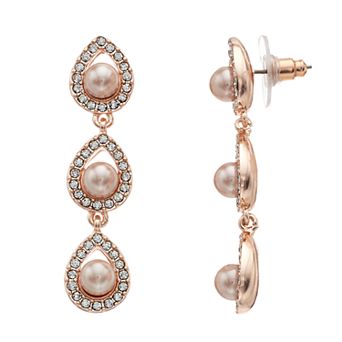 You're Invited Rose Gold Tone Crystal & Simulated Pearl Linear Drop Earrings