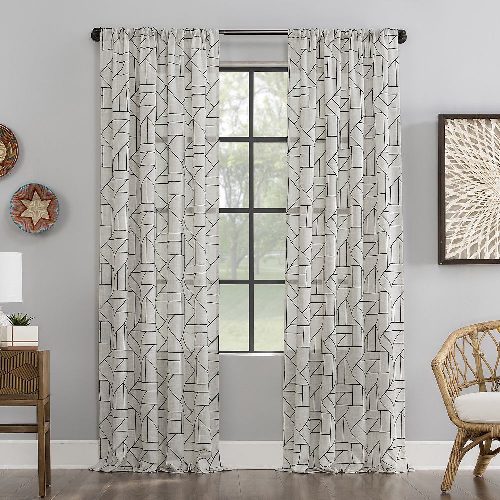 Archaeo Jigsaw Embroidery Linen Blend Rod Pocket Curtain Panel