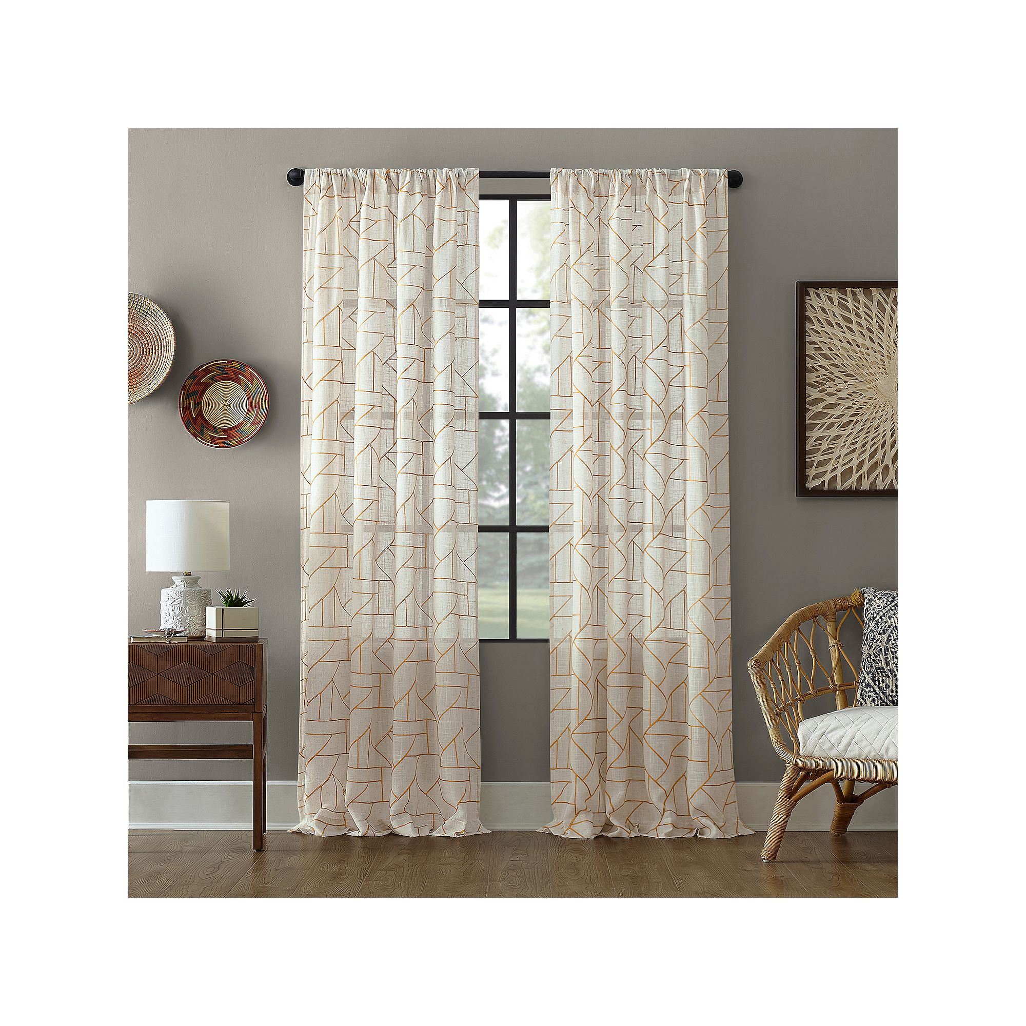 Archaeo Jigsaw Embroidery Linen Blend Rod Pocket Curtain Panel, Gold Linen