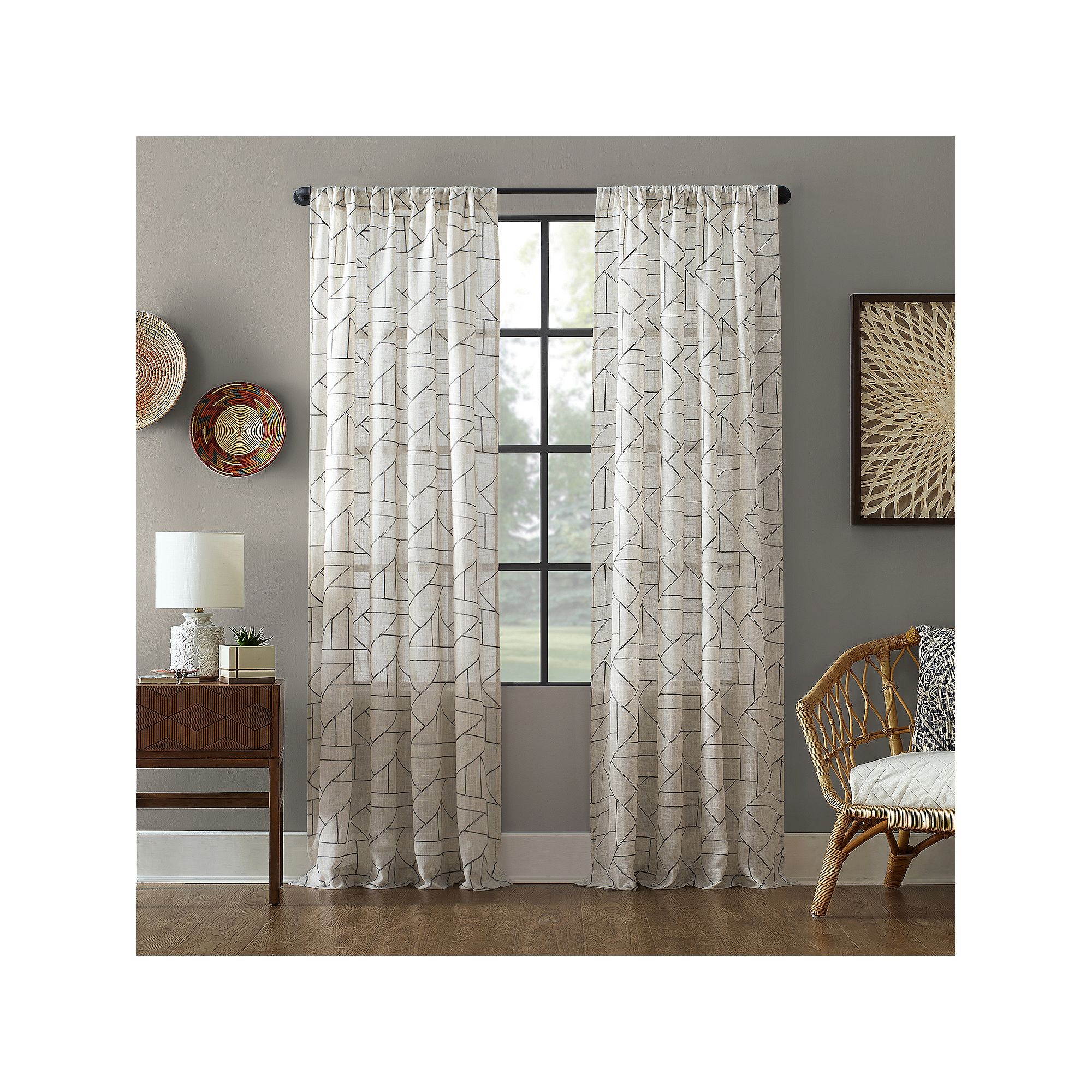 Archaeo Jigsaw Embroidery Linen Blend Rod Pocket Curtain Panel, Gray Linen