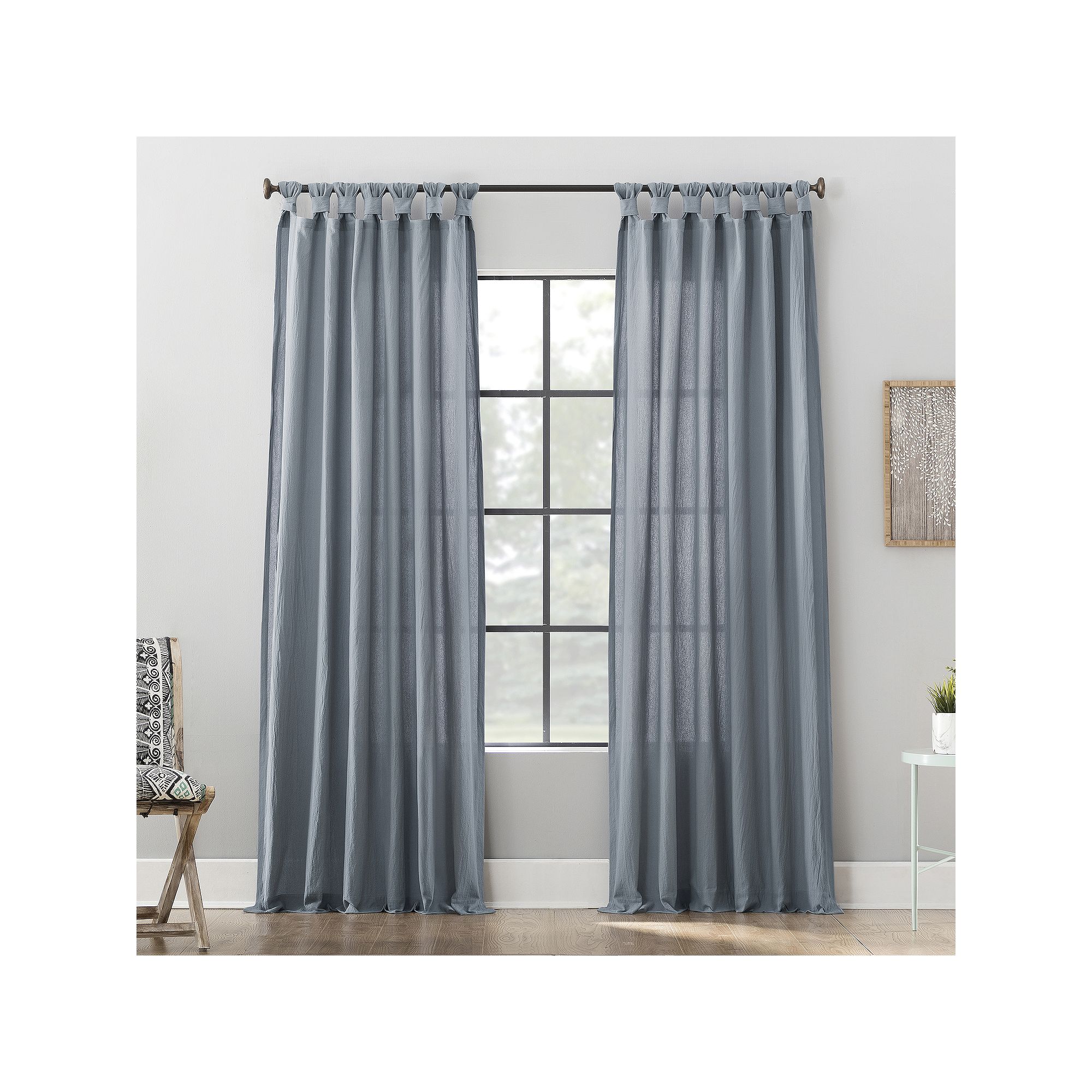 Archaeo Washed Cotton Semi-Sheer Twist Tab Single Curtain Panel, Blue Blue