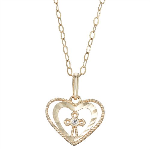Charming Girl 14k Gold Heart & Cross Cubic Zirconia Pendant Necklace