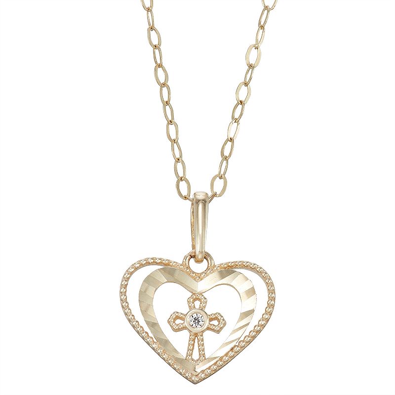 Charming Girl 14k Gold Heart & Cross Cubic Zirconia Pendant Necklace, Women
