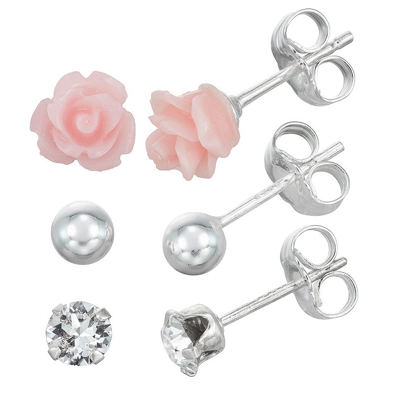 Charming Girl Sterling Silver Flower & Crystal Earring Set, Womens, Pink