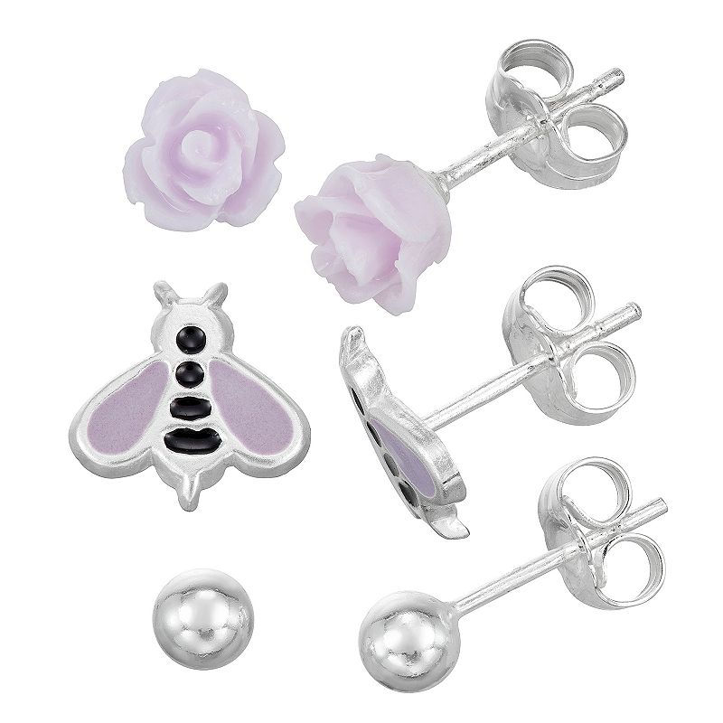 Charming Girl Sterling Silver Bee Earring Set, Womens, Pink