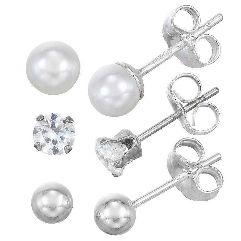 Charming Girl Sterling Silver Crystal & Faux Pearl Earring Set, Womens, Wh