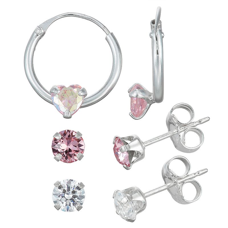 Charming Girl Sterling Silver 3 Pair Crystal Earring Set, Womens, Pink
