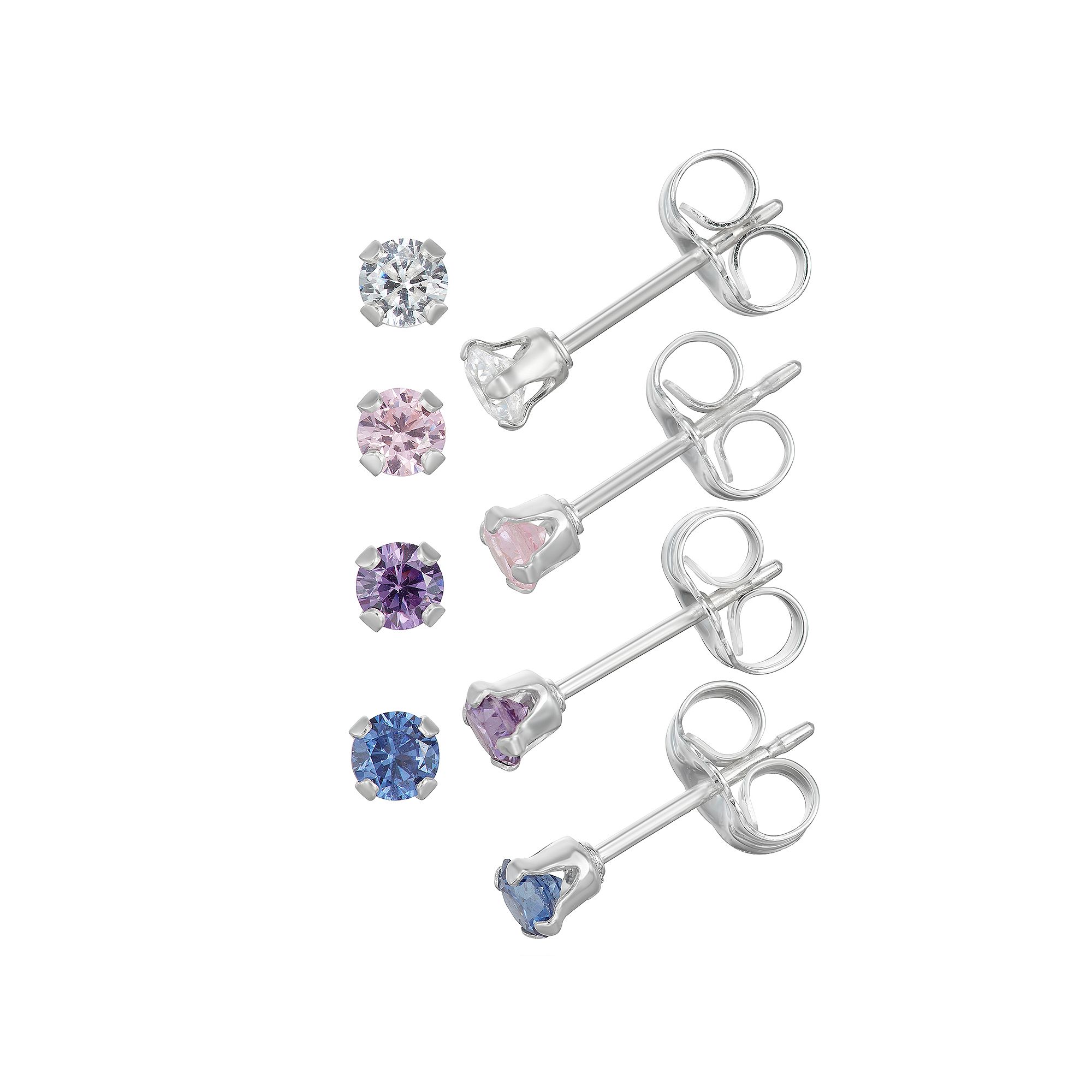 Charming Girl Kids Sterling Silver 4 Pair Crystal Earring Set, Womens, Si