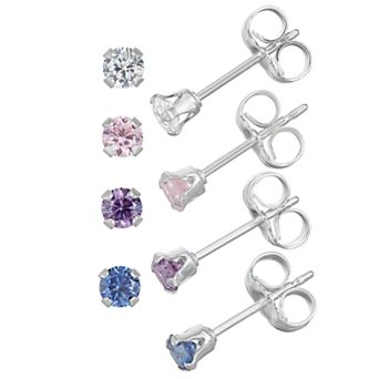 Charming Girl Kids' Sterling Silver 4 Pair Crystal Earring Set