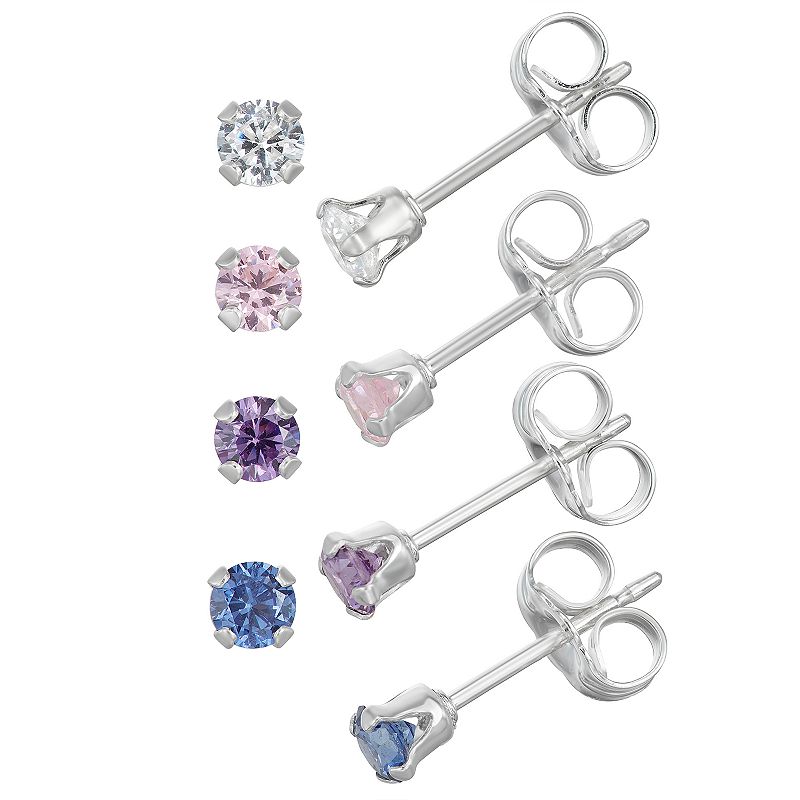 Charming Girl Sterling Silver 4 Pair Crystal Earring Set, Womens, Purple