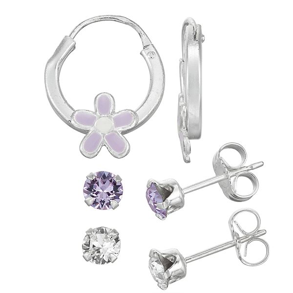 Charming Girl Sterling Silver Crystal Stud & Hoop Earring Set