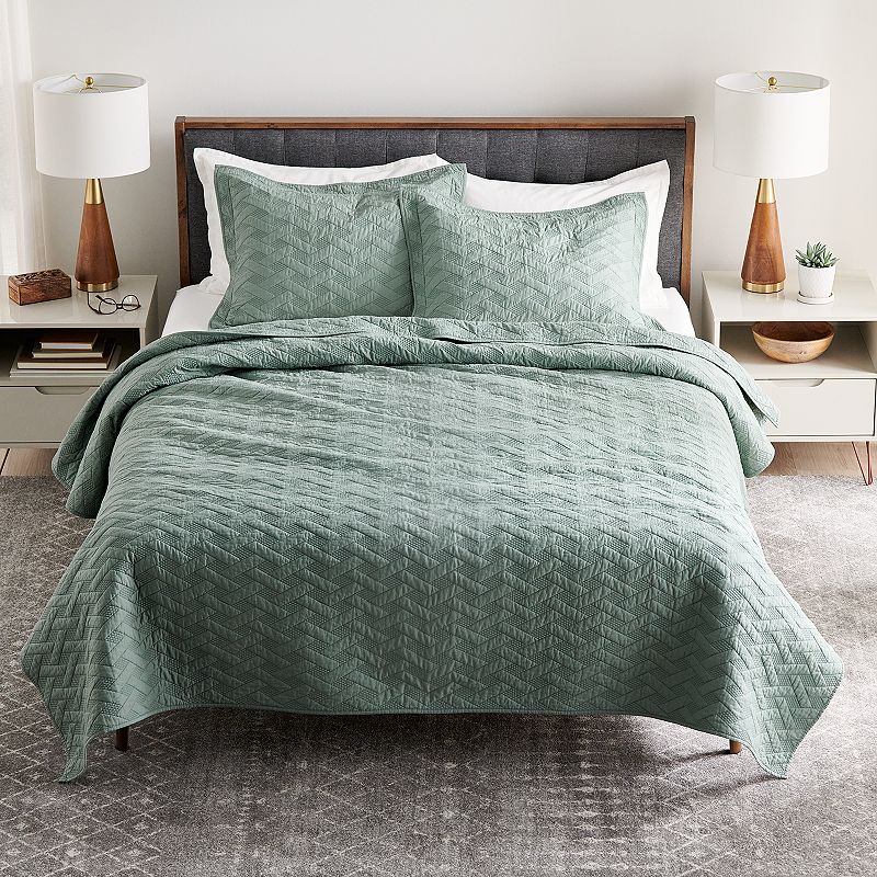 Sonoma Goods For Life Heritage Cotton Geo Quilt or Sham, Med Green, King