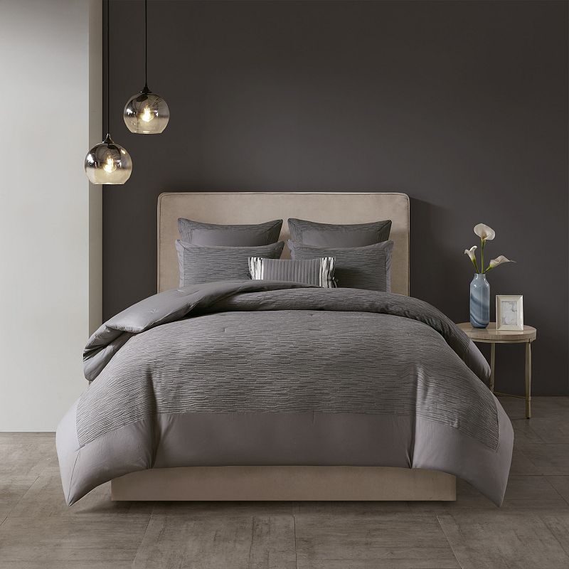 N Natori Cotton Blend 3-piece Comforter Set, Grey, Full/Queen