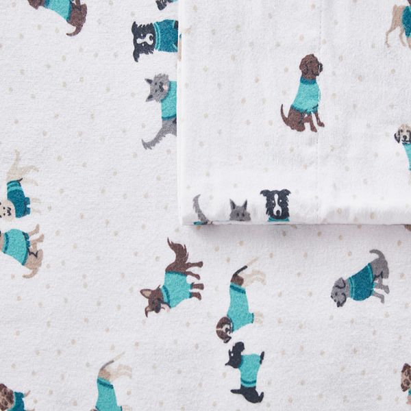 Queen Printed Cotton Flannel Sheet Set Teal Dogs