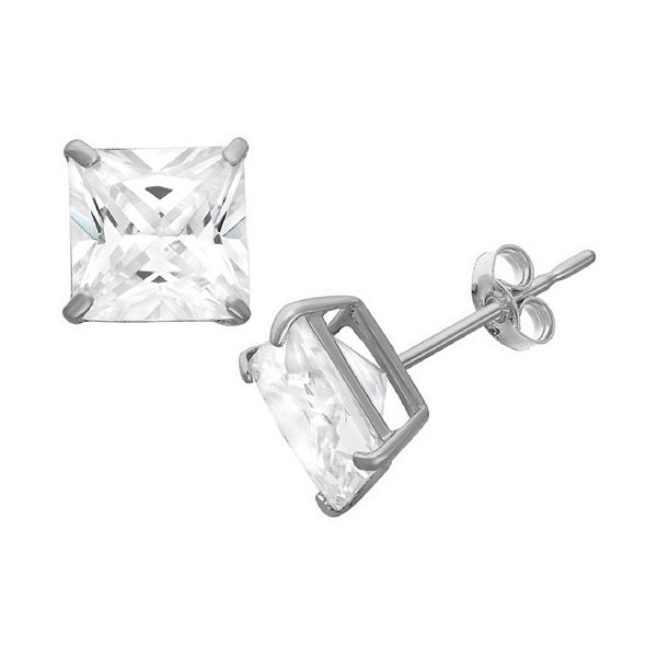 Men's Sterling Silver Cubic Zirconia Square Stud Earrings, White