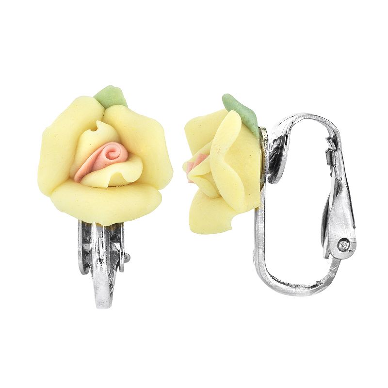 1928 Silver Tone Yellow & Pink Rose Clip-On Earrings, Womens