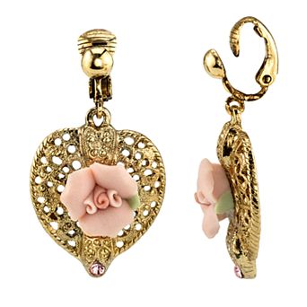 1928 Gold Tone Filigree Pink Rose Detail Heart Drop Earrings