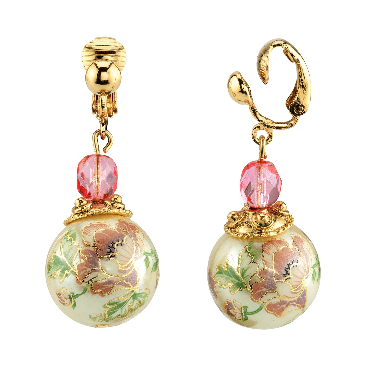 1928 Gold Tone Pink Bead Flower Decal Simulated Pearl Linear Drop Earrings