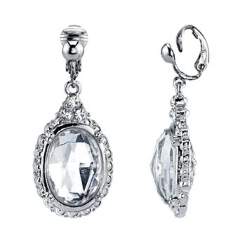 1928 Silver Tone Simulated Stone & Crystal Oval Linear Drop Earrings