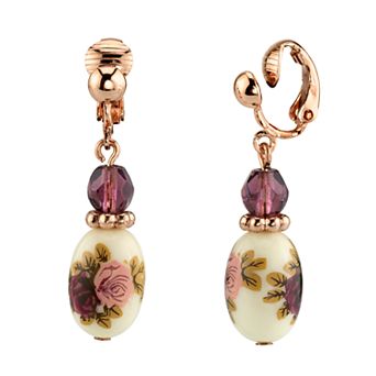 1928 Rose Gold Tone Purple Bead Flower Motif Porcelain Drop Earrings