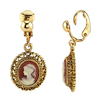 1928 Gold Tone Filigree Woman Cameo Detail Clip-On Drop Earrings