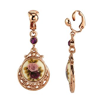 1928 Rose Gold Tone Filigree Purple Simulated Stone Floral Decal Drop Earrings