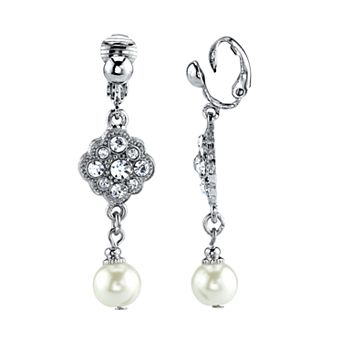 1928 Silver Tone Simulated Stone & Pearl Clip-On Linear Drop Earrings