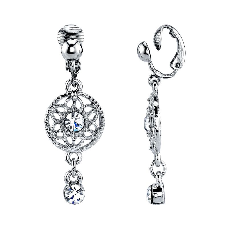 1928 Silver Tone Filigree Simulated Stone Clip-On Linear Drop Earrings, Wom