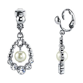 1928 Silver Tone Simulated Stone & Pearl Orbital Drop Clip-On Earrings