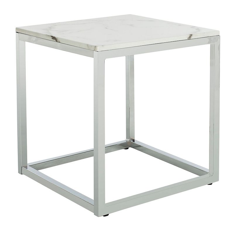 SAFAVIEH Bethany Square Modern Glam End Table  White Marble/Chrome