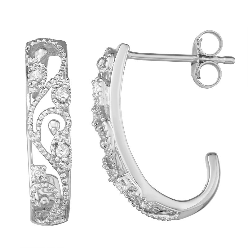 10k Gold 1/10 Carat T.W. Diamond J Hoop Earrings, Womens, White