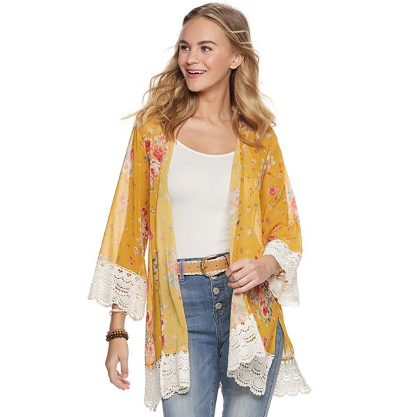 Juniors' Rewind Crochet Trim Kimono