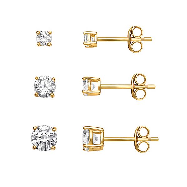 PRIMROSE Sterling Silver Cubic Zirconia Graduated Stud Earring Trio Set - Gold Tone