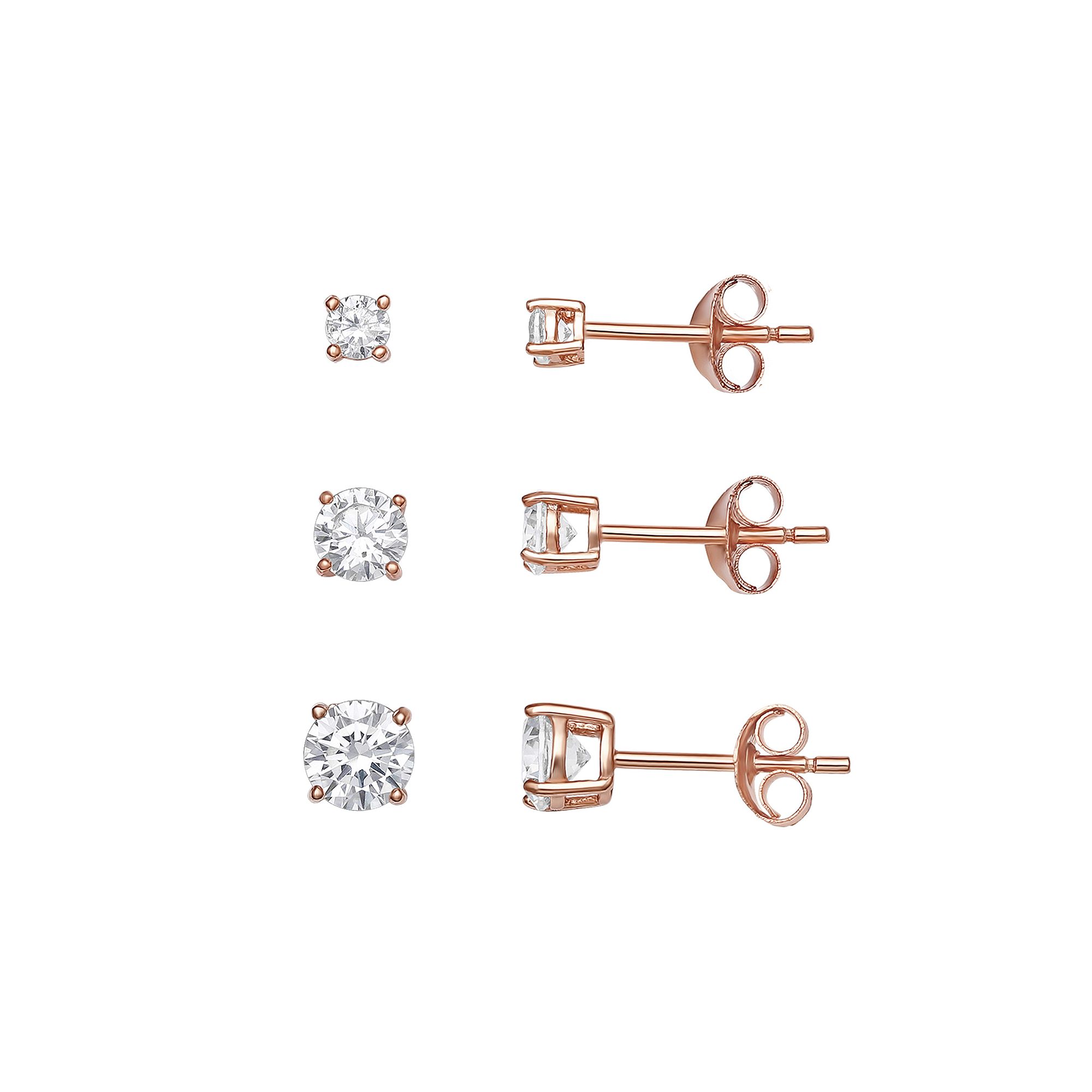 PRIMROSE Sterling Silver Cubic Zirconia Graduated Stud Earring Trio Set, Wo