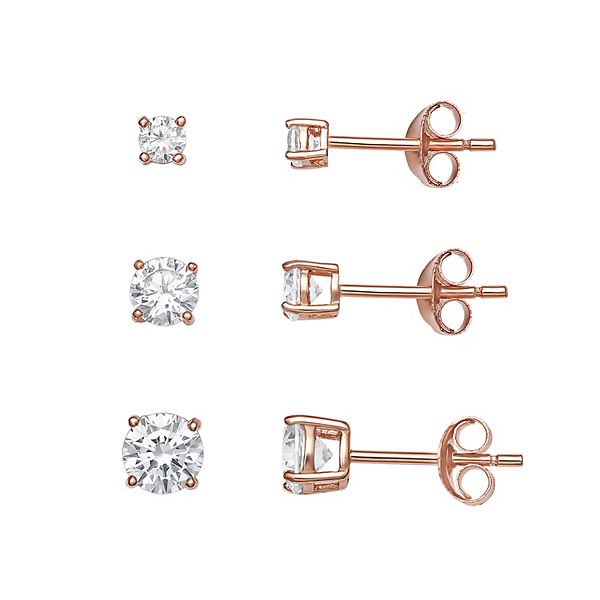 PRIMROSE Sterling Silver Cubic Zirconia Graduated Stud Earring Trio Set - Rose Tone Clear