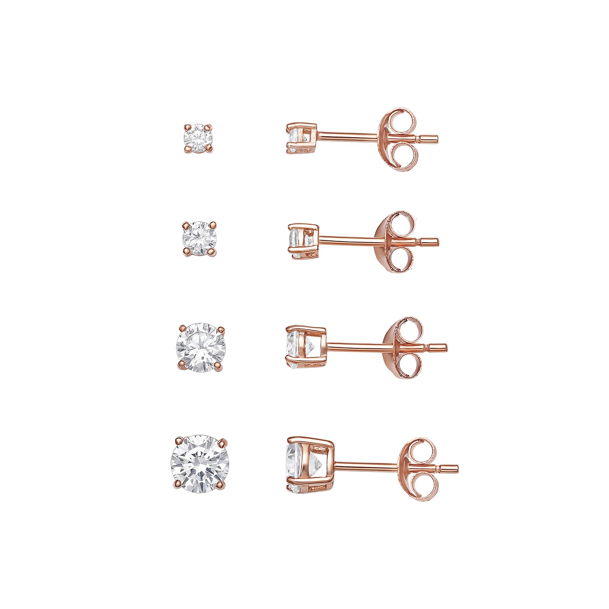 PRIMROSE Sterling Silver Cubic Zirconia Graduated Stud Earring Set of 4, Wo