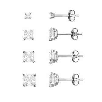 PRIMROSE Sterling Silver Cubic Zirconia Princess-Cut Graduated Stud Earring Set of 4