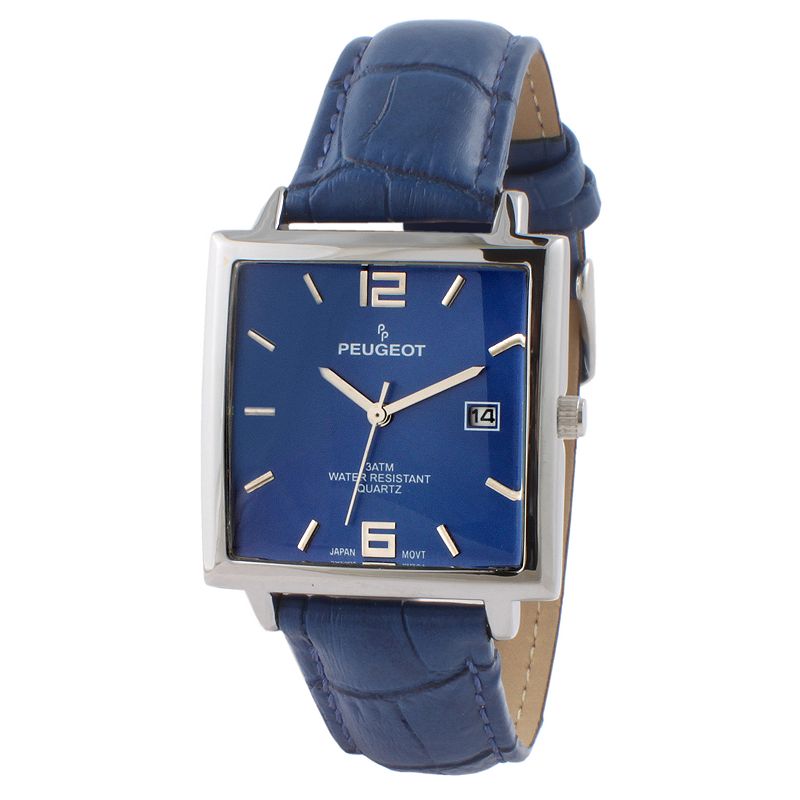 Peugeot Mens Modern Rectangular Leather Watch - 2062BL, Size: Medium, Blue